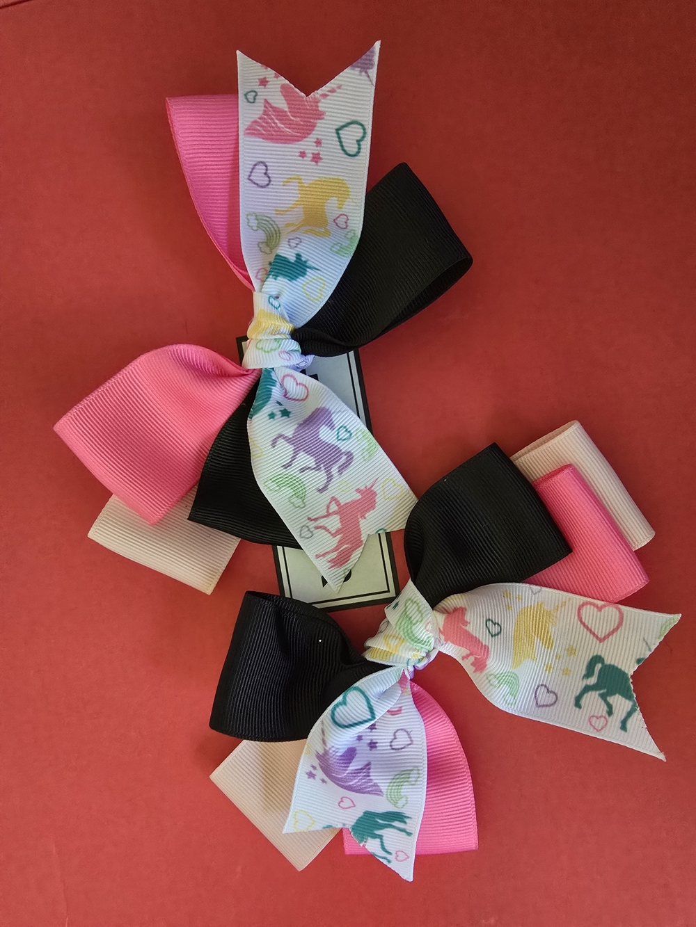 Girls' Pink & Black Unicorn Ribbon Hair Bows - Kids Accessories